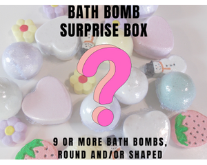 Handmade Bath Bombs Surprise Box. Nine or more bath bombs, round and/or shaped. Individually wrapped and labeled. Essential oil scented.